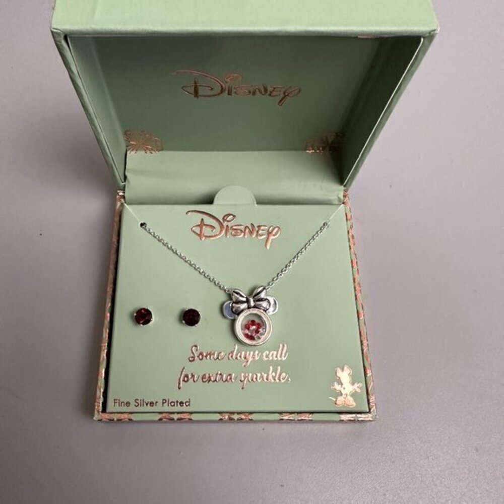 Disney Minnie‎ Mouse Shaker Necklace & Red Crystal Stud Earring Set Silver Plate